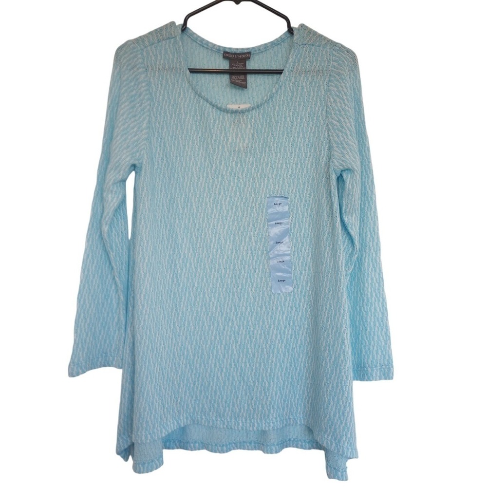 Chelsea & Theodore Blue White Textured Knit Tunic Top Scoop Neck Large NEW